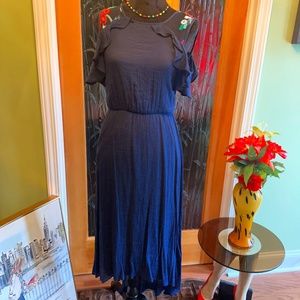 AGB Navy High Low Dress with Embroidered Off Shoulder Ruffled Sleeves Size S